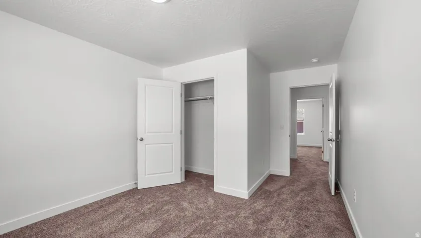 Neutral wall finishes, carpet flooring, a single-door closet with an interior rod, and a flush mount ceiling light