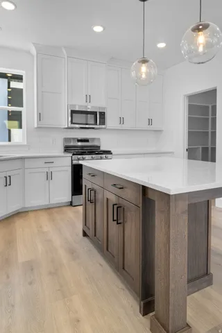 Contemporary kitchen featuring white cabinetry, a wood-finish island, stainless steel appliances, and wood-finish flooring