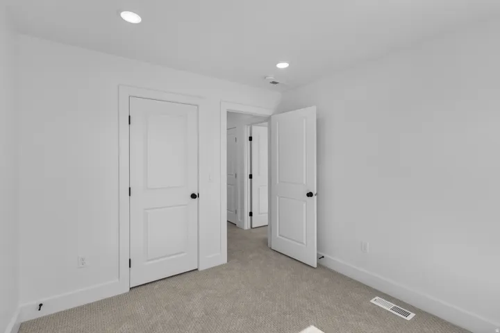 Light-colored carpeted flooring with white painted walls, recessed lighting, and white two-panel doors with matte black hardware