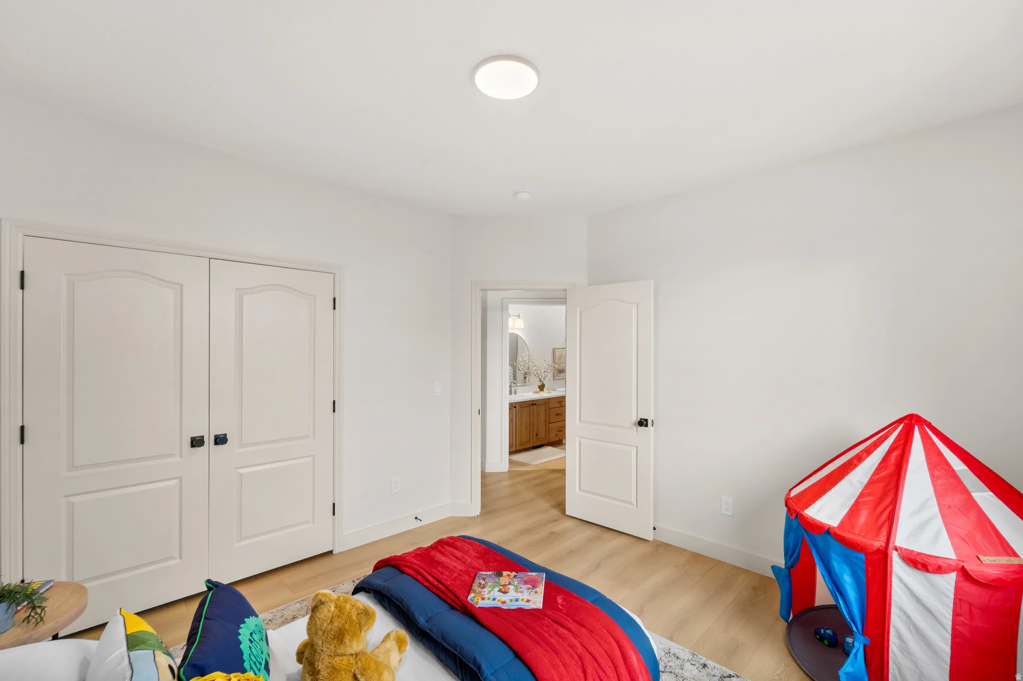 Wood-finish flooring, white walls, and a ceiling-mounted light fixture