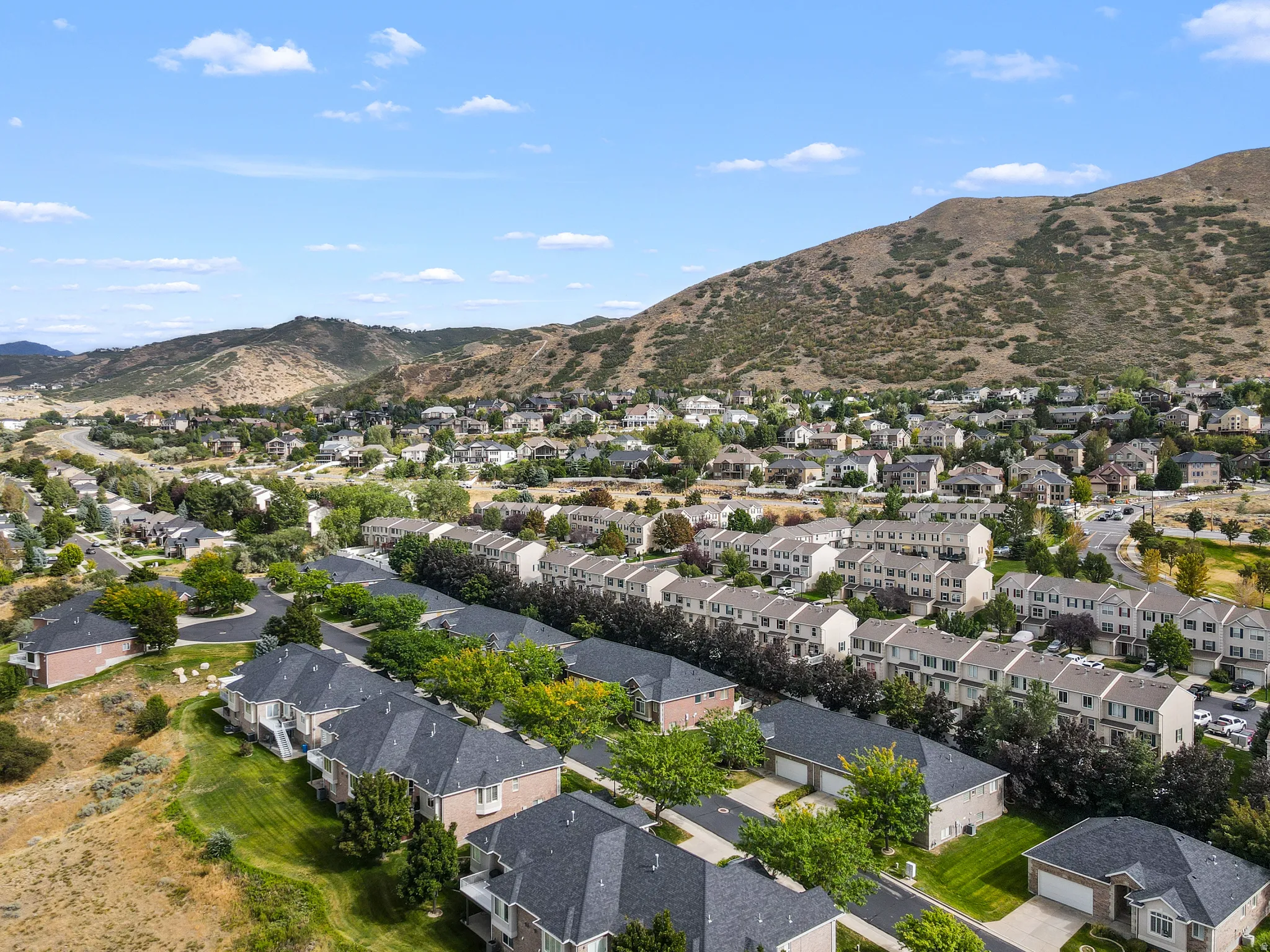 Residential community featuring varied architectural styles and mature landscaping, set against a mountainous backdrop