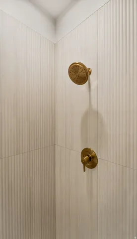 Shower enclosure featuring textured wall tiles and brass-finish fixtures