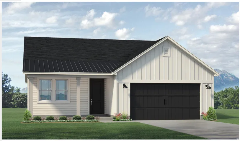 Single-story residence featuring light-colored siding, a dark pitched roof, and a prominent dark garage door