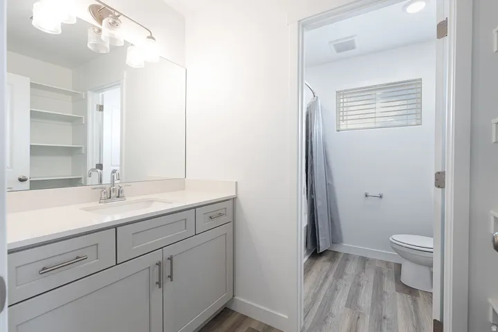 Bathroom with wood-finish flooring, a vanity featuring shaker-style cabinetry and a light-toned countertop, an integrated sink with a chrome faucet, a large mirror, and built-in shelving