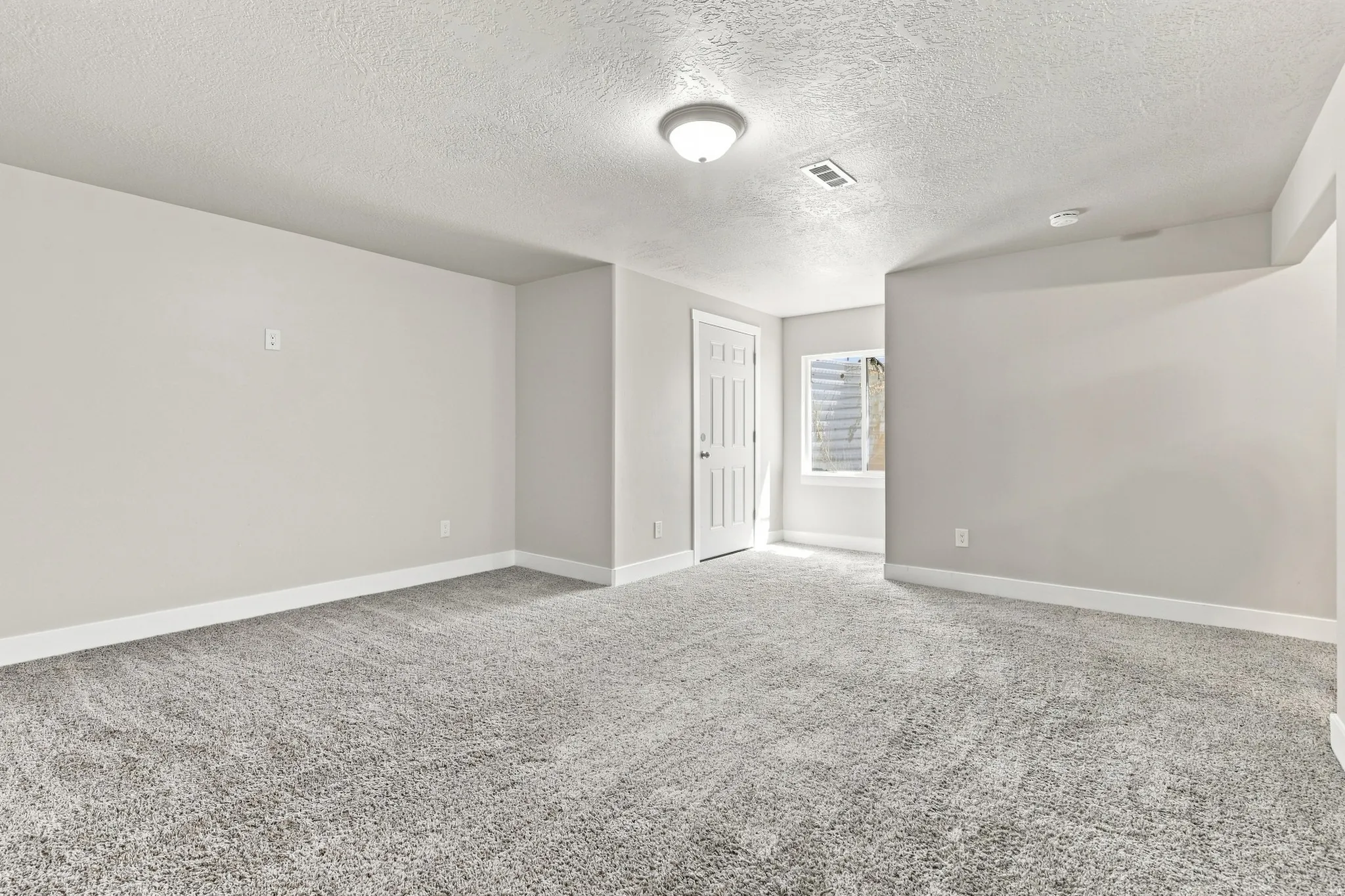 Expansive room featuring plush carpeting, light gray walls, a white paneled door, and a single window