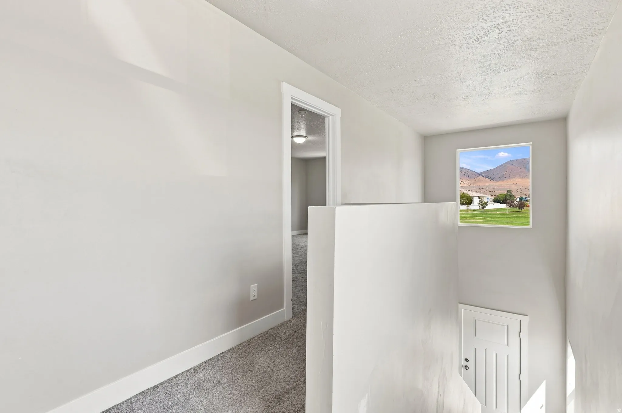 Neutral paint colors, white trim, carpeted flooring, and a large window providing natural light