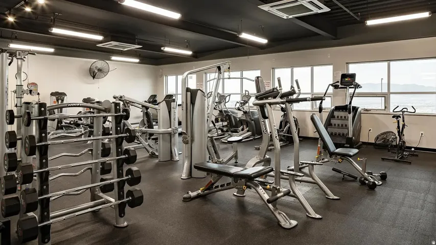 Fitness center featuring a rubberized floor, multiple exercise machines, weight racks, and expansive windows