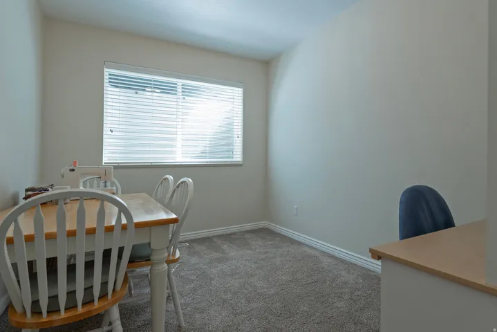 Neutral wall paint, window with blinds, and carpeted flooring