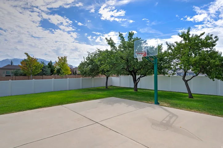 Expansive concrete pad with an integrated basketball hoop, surrounded by a manicured lawn and mature trees