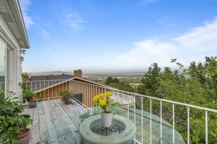 Elevated deck with white metal railing, wood-finish flooring, and expansive distant scenery