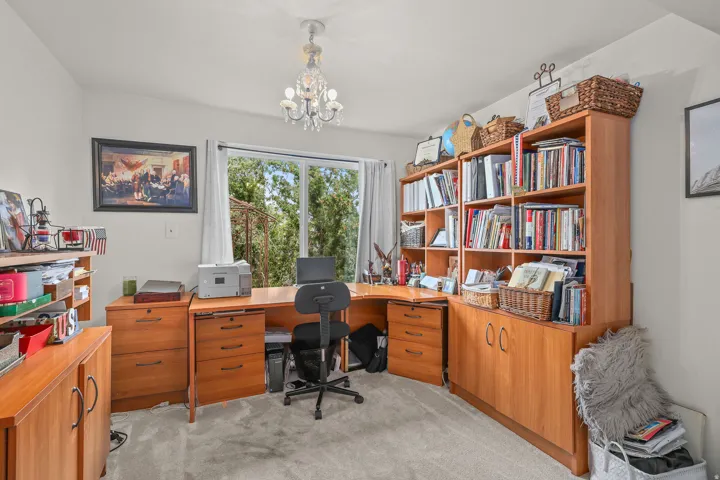 Full-light windows, wall-to-wall carpeting, and a crystal chandelier