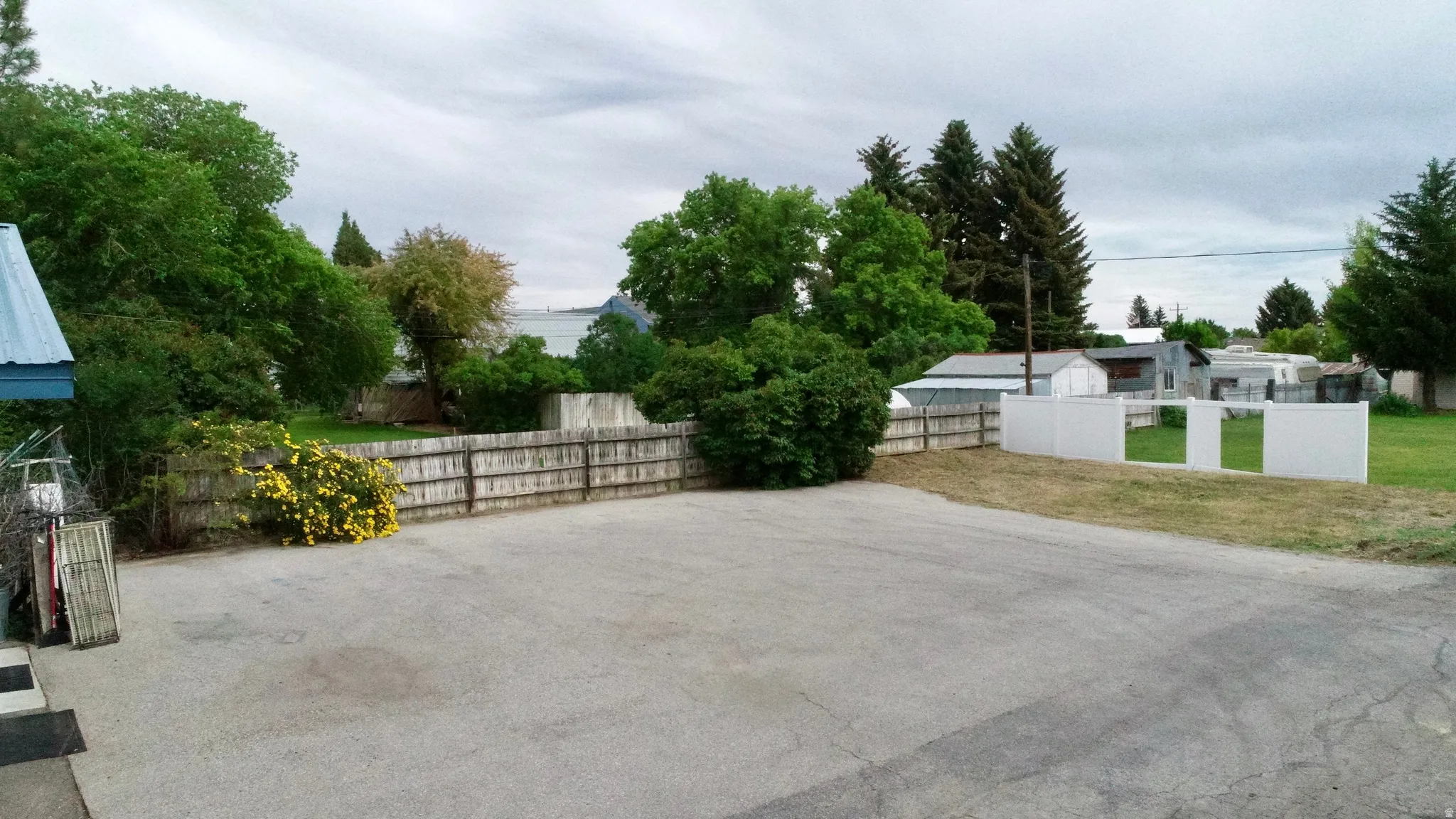 Paved surface, wood fence, white fencing, mature trees, dense foliage