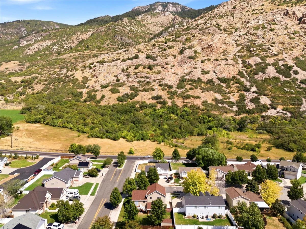 Residential neighborhood with varied rooflines and mature landscaping, bordered by natural terrain and distant mountains