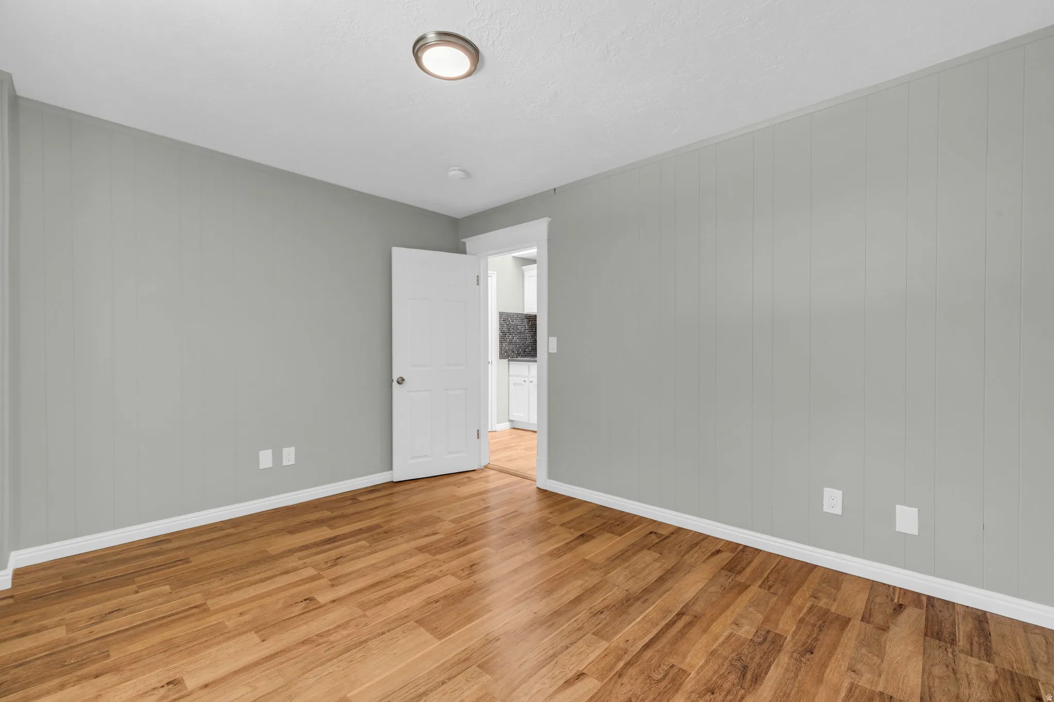 Wood-finish flooring, white trim, recessed ceiling light, paneled wall accent, and a white interior door