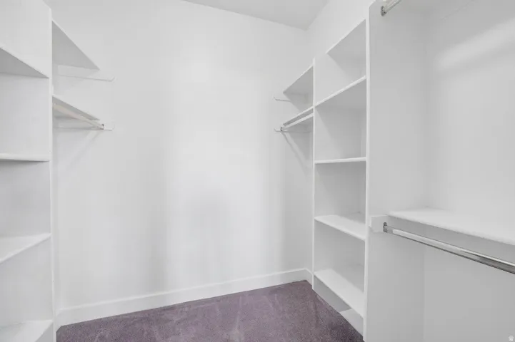 Built-in closet shelving, hanging rods, and carpeting