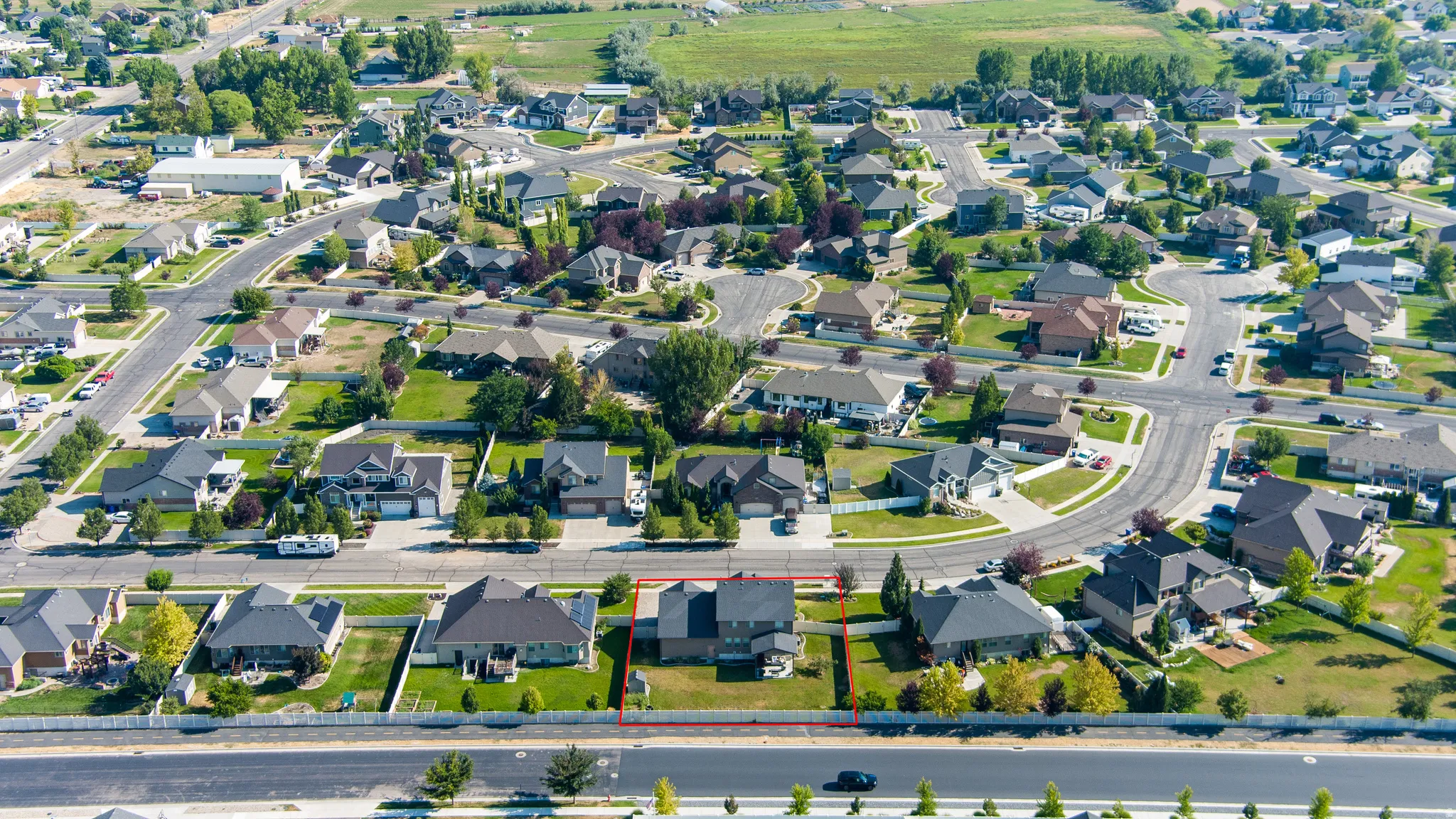 Residential neighborhood with established street grid and varied single-family homes