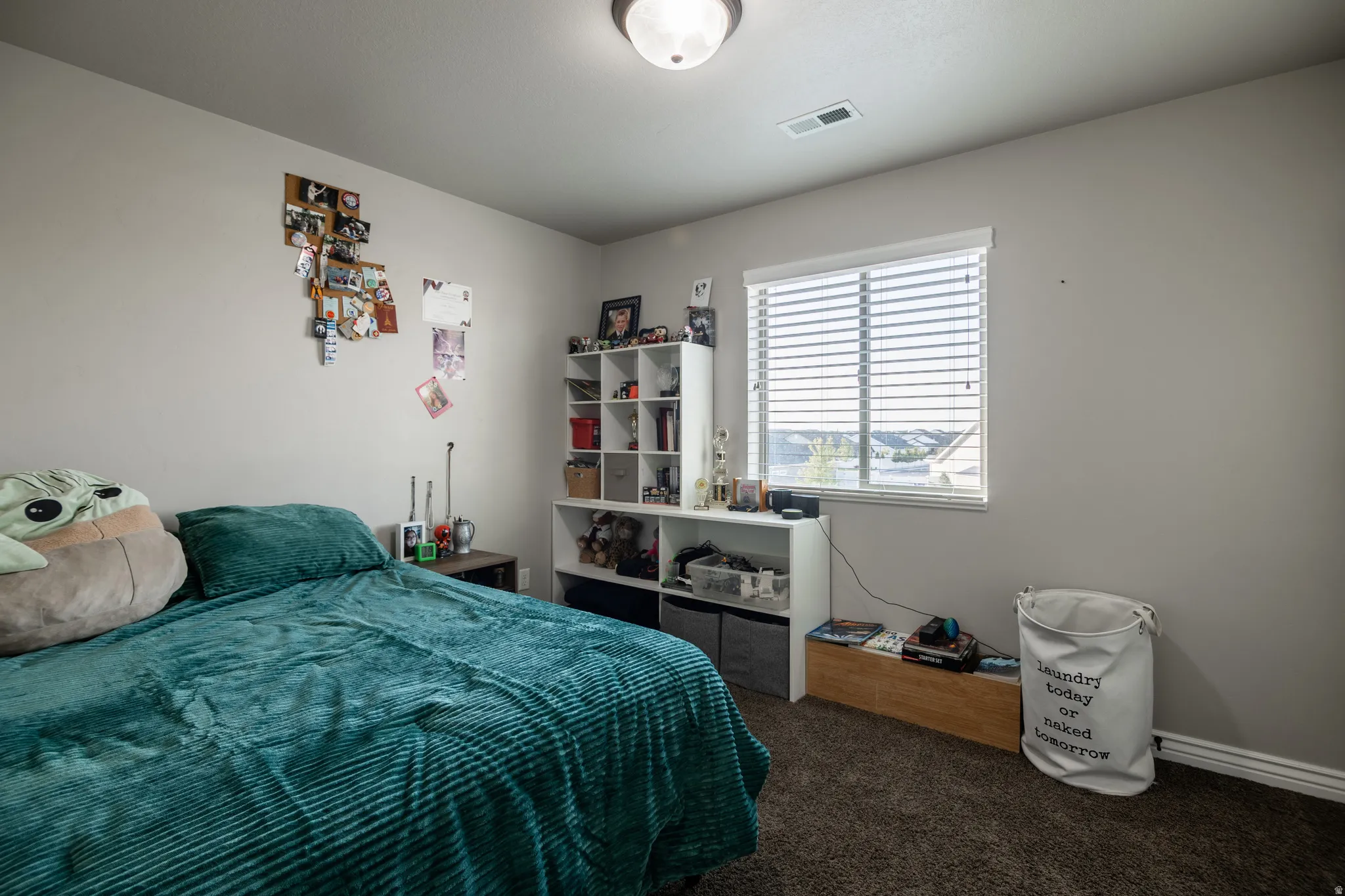 Carpeted flooring, single window with blinds, overhead flush mount lighting, and light-toned walls