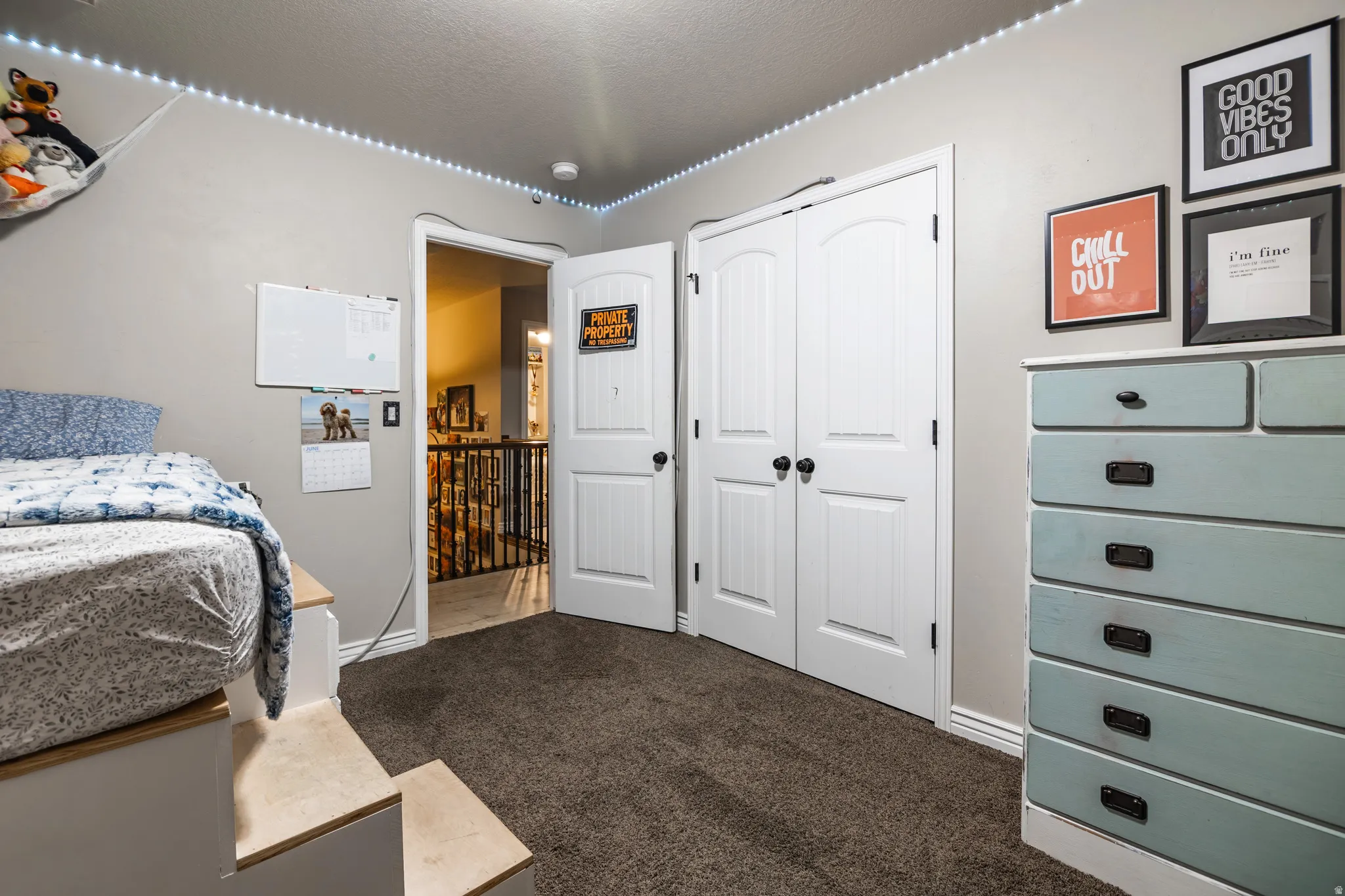 Plush carpeting, neutral wall tones, and white trim work
