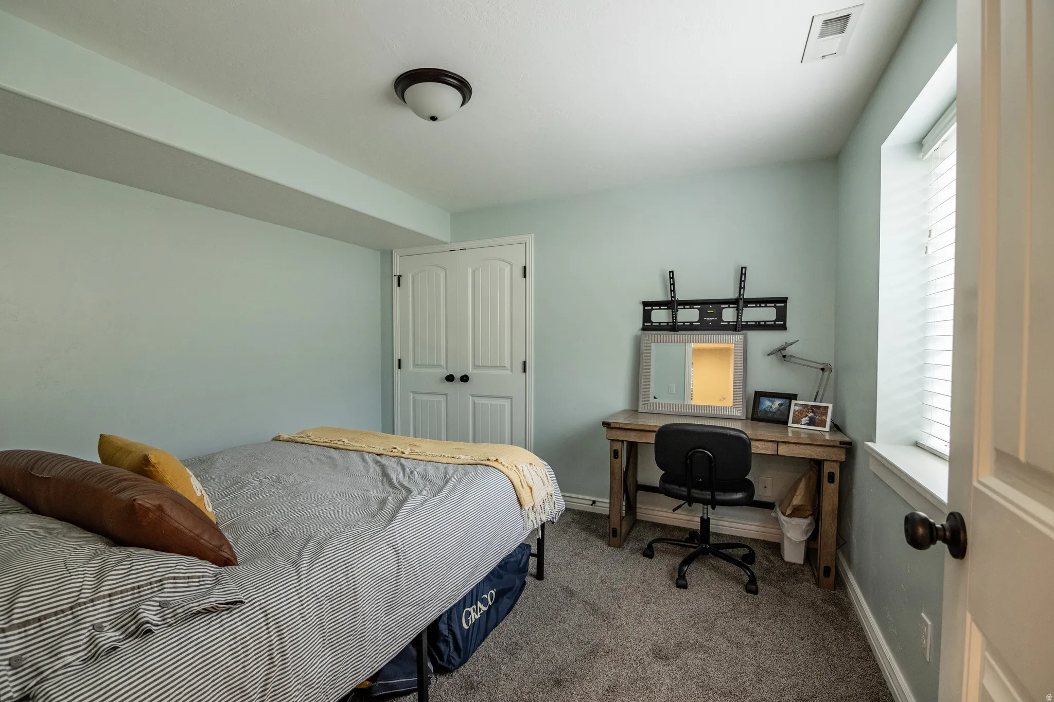 Carpeting, light-colored walls, window with blinds, and white paneled doors