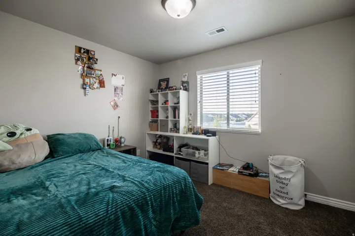 Carpeted flooring, single window with blinds, overhead flush mount lighting, and light-toned walls