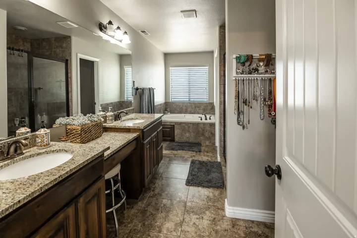Dual sink vanity with stone countertops