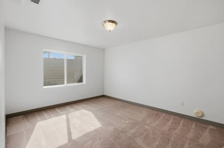 Neutral wall paint, plush carpet flooring, recessed window, flush-mount ceiling light
