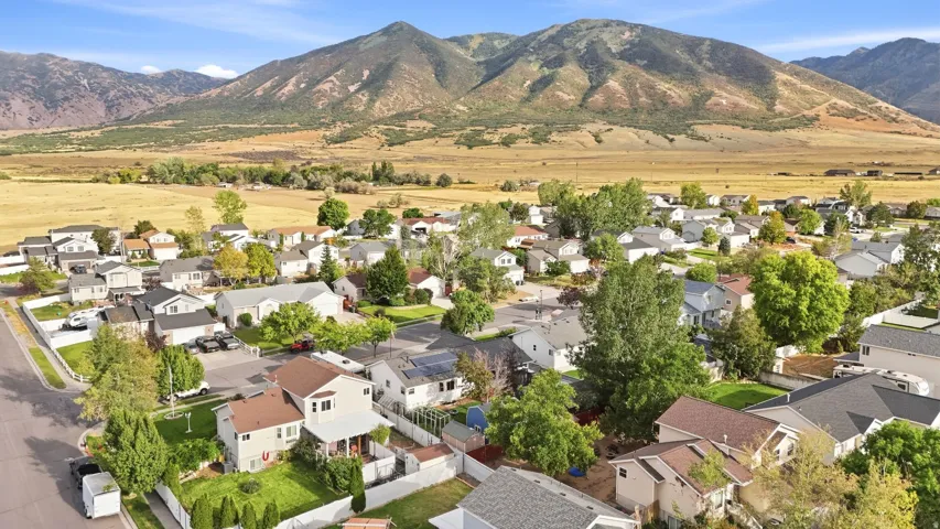 Neighborhood setting with mature trees and mountain backdrop