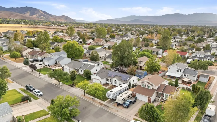 Residential neighborhood with mature trees and mountain scenery