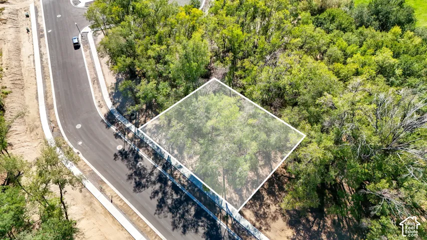 Developed land parcel with established roadways and sidewalks, surrounded by mature trees