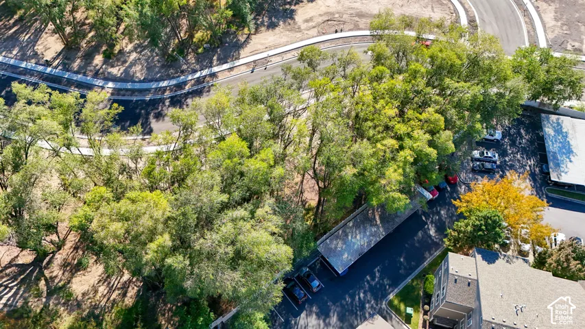 Aerial perspective showcasing a paved road, natural landscaping, and multi-story buildings