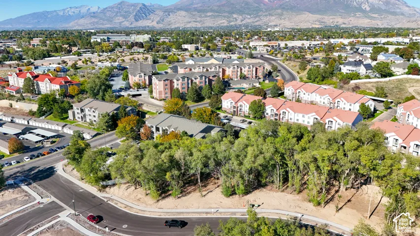 Community setting with mature trees and mountain backdrop