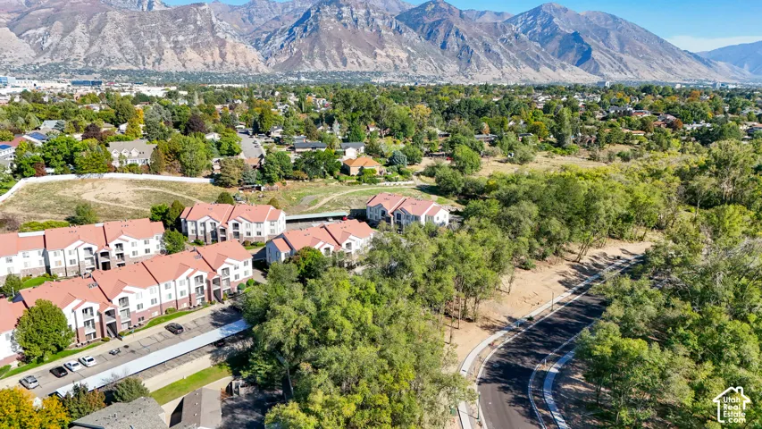 Mountain backdrop, urban neighborhood, residential buildings with orange tile roofing, green treeline, paved road