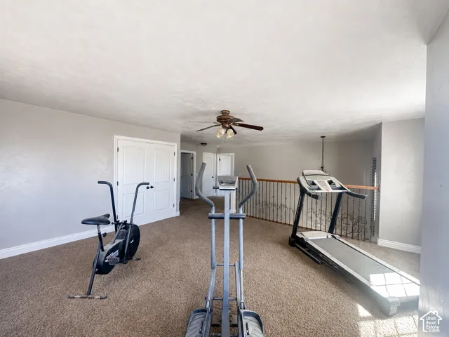 Spacious loft area featuring carpet flooring, a ceiling fan, white paneled doors, and an ornate metal railing