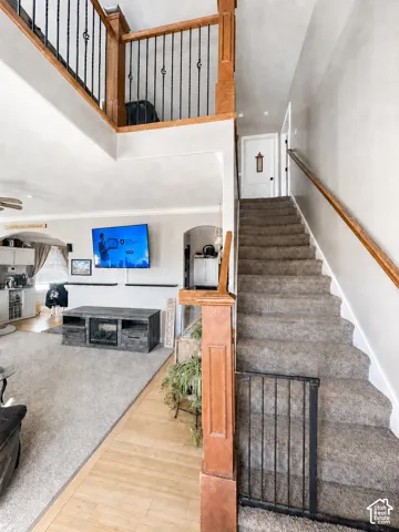 Two-story foyer with carpeted stairs and wood-finish flooring