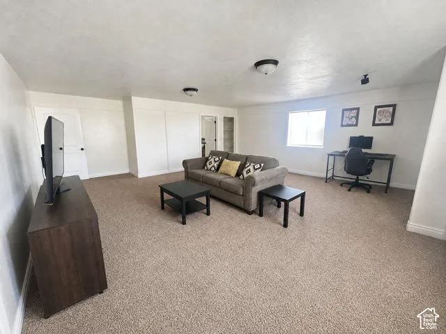 Recessed ceiling lighting, carpeted flooring, and a window with natural light