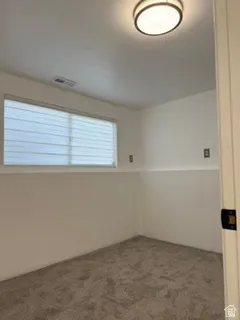 Window with horizontal blinds and ceiling-mounted light fixture