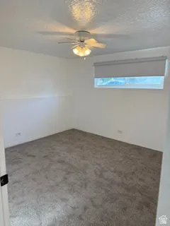 Recessed window with roller shade, ceiling fan with integrated lighting, and neutral tone carpeting