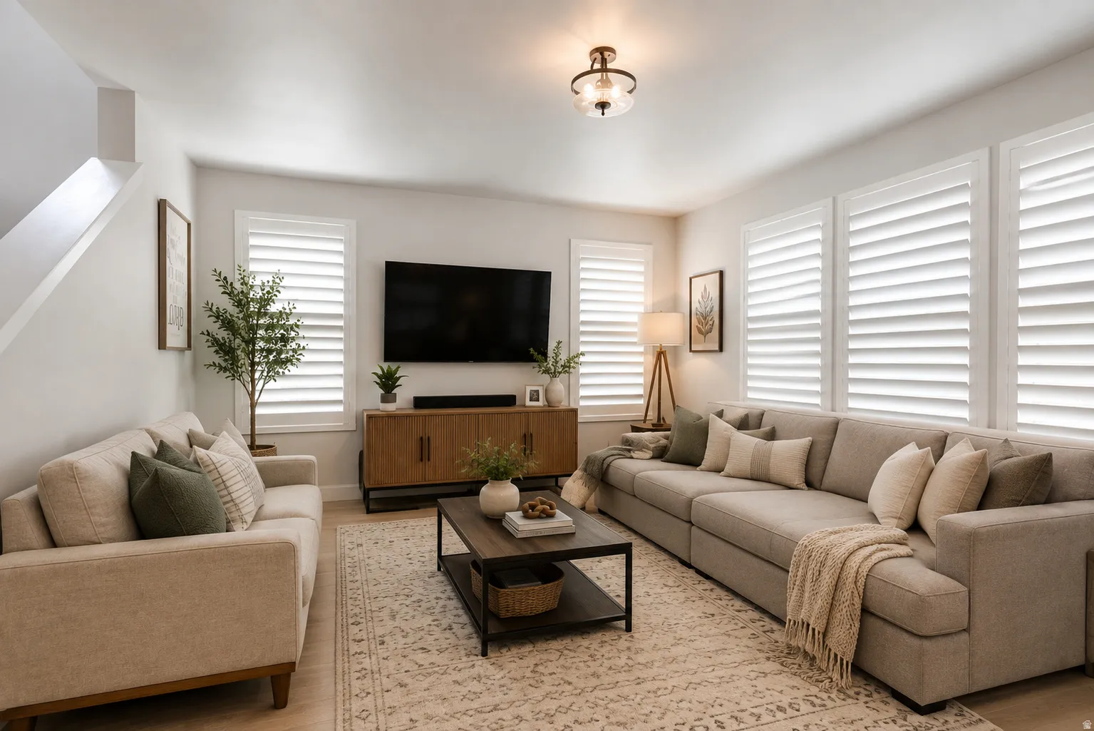 Recessed lighting illuminates the living area, featuring multiple windows with white plantation shutters
