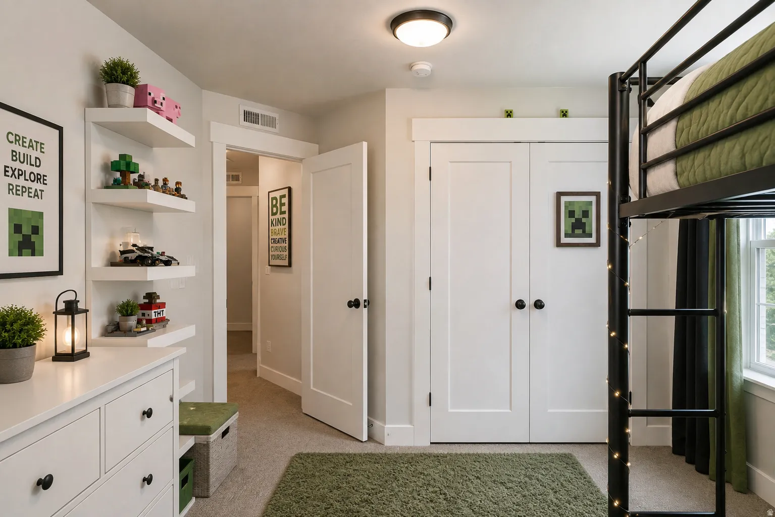 Carpeted flooring, built-in shelving, white paneled doors, and a built-in closet with double doors