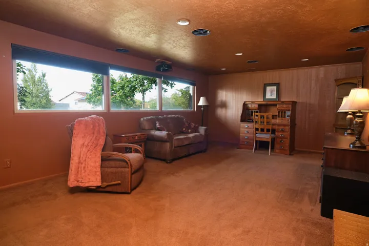 Wall-to-wall carpeting and a wall of windows