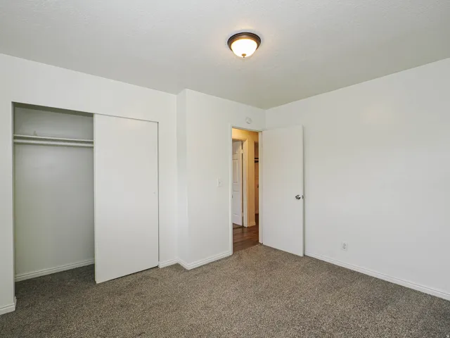 Wall-to-wall carpeting and white walls.