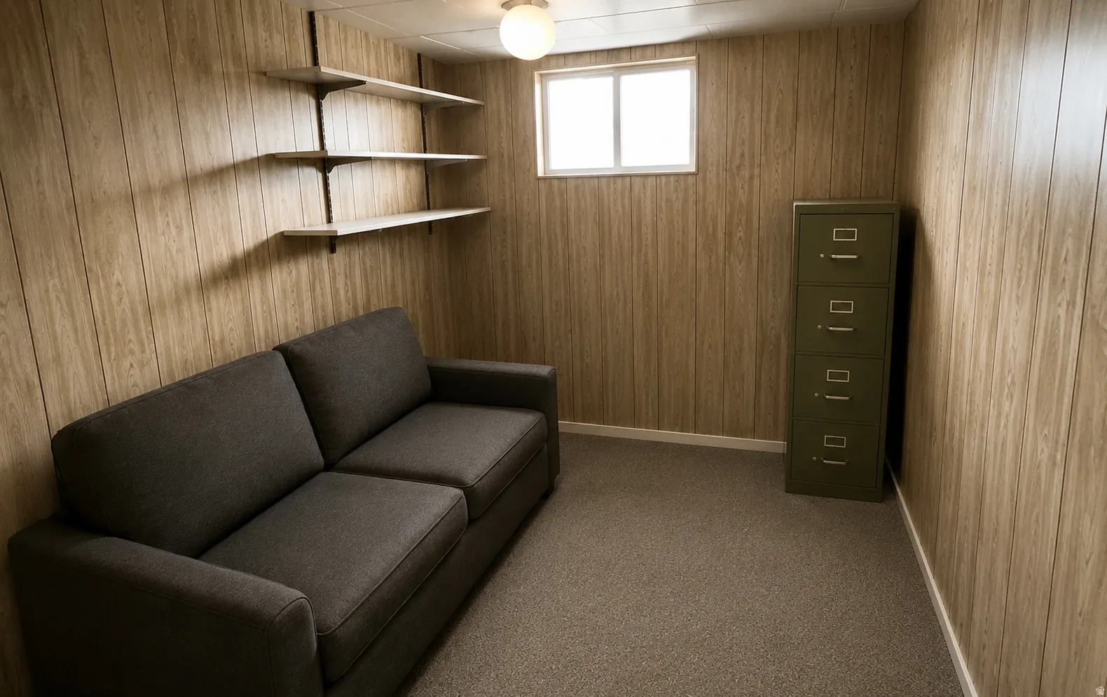 Basement bedroom #2. Space has been cleaned up using AI