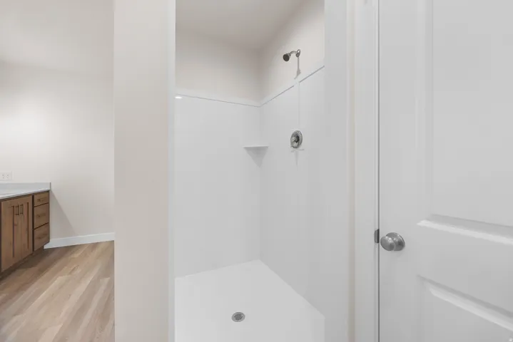 Shower enclosure with an integrated corner shelf and a brushed nickel showerhead