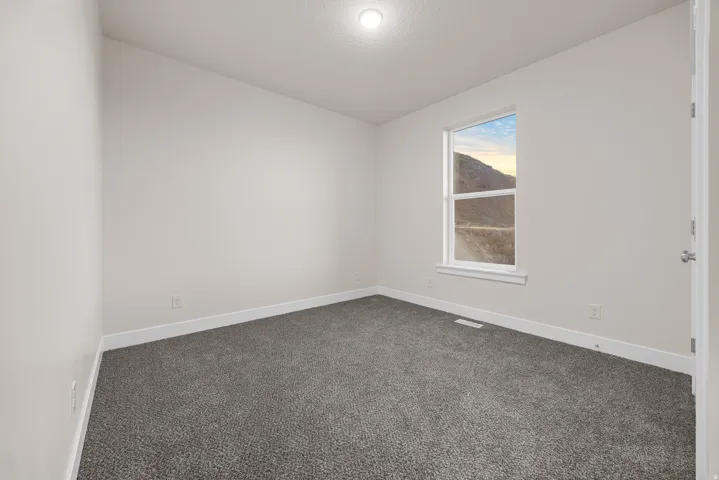 Neutral wall paint, gray carpeting, a single window, and a ceiling-mounted light fixture