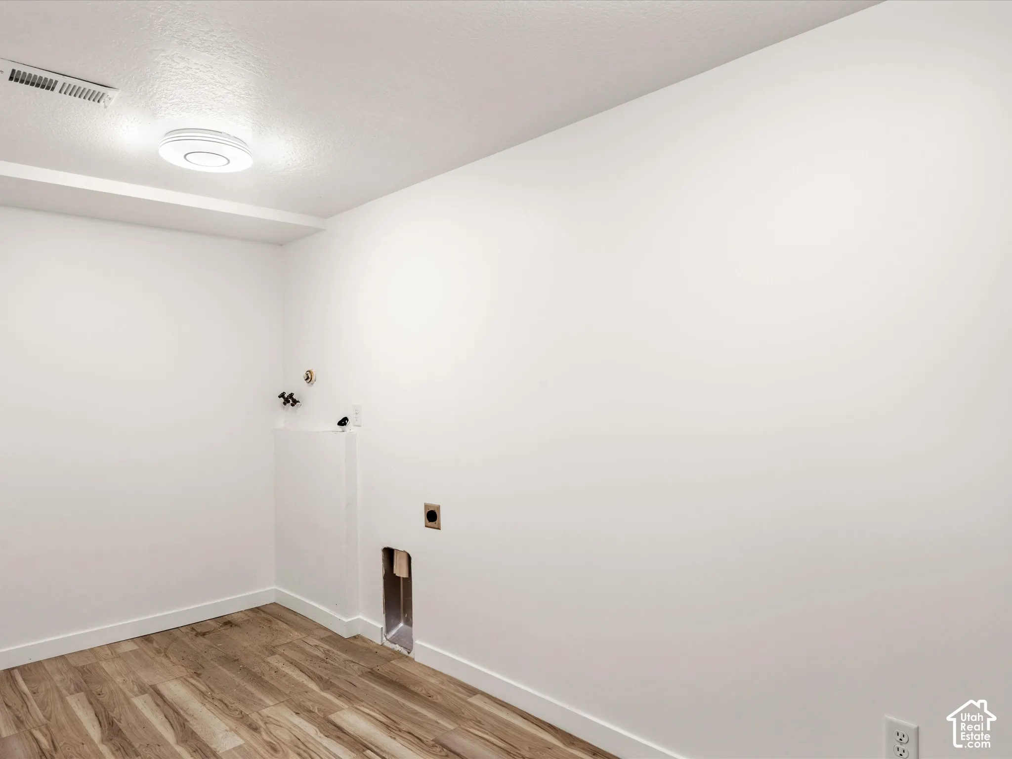 Laundry space with wood-finish flooring, white walls, and a flush-mount ceiling light