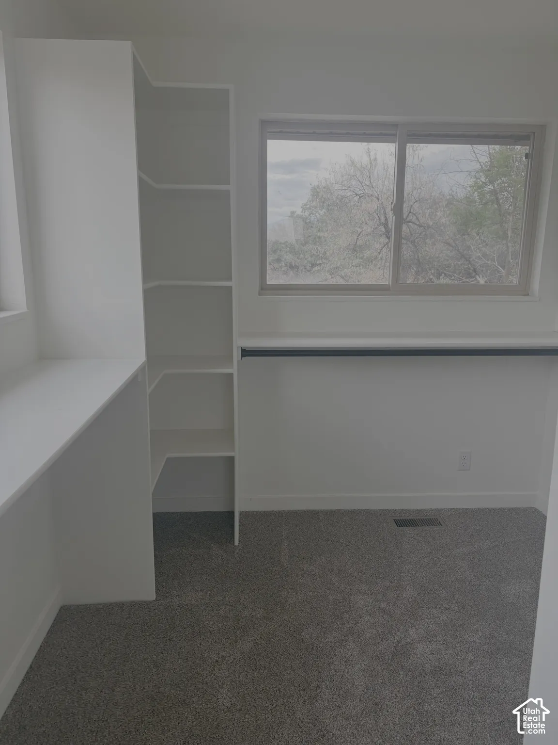 Built-in shelving, integrated desk, and carpeted flooring