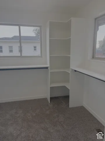 Built-in shelving, two windows with aluminum frames, white walls, and brown carpet