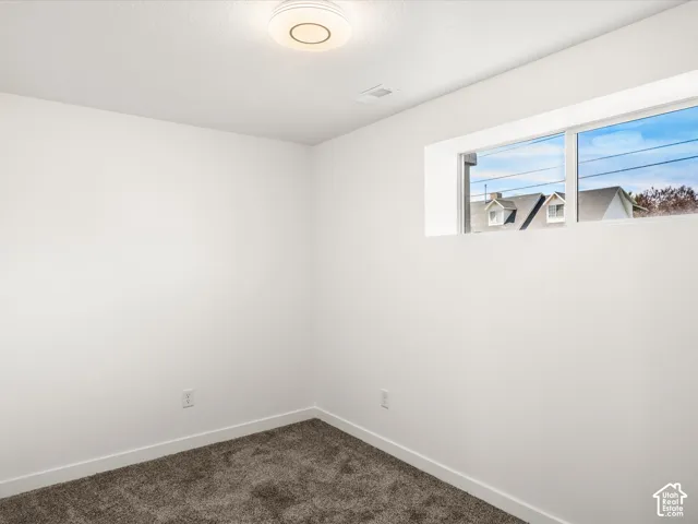 Bedroom #4 Downstairs. Neutral wall paint, plush carpet flooring, recessed window, and flush-mount ceiling light fixture