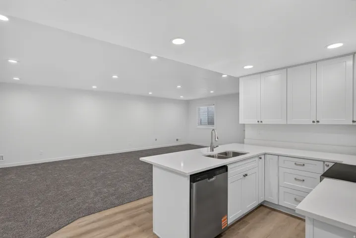 White cabinetry with stainless steel hardware, stainless steel dishwasher, double basin sink with gooseneck faucet, light-toned countertops, and recessed lighting