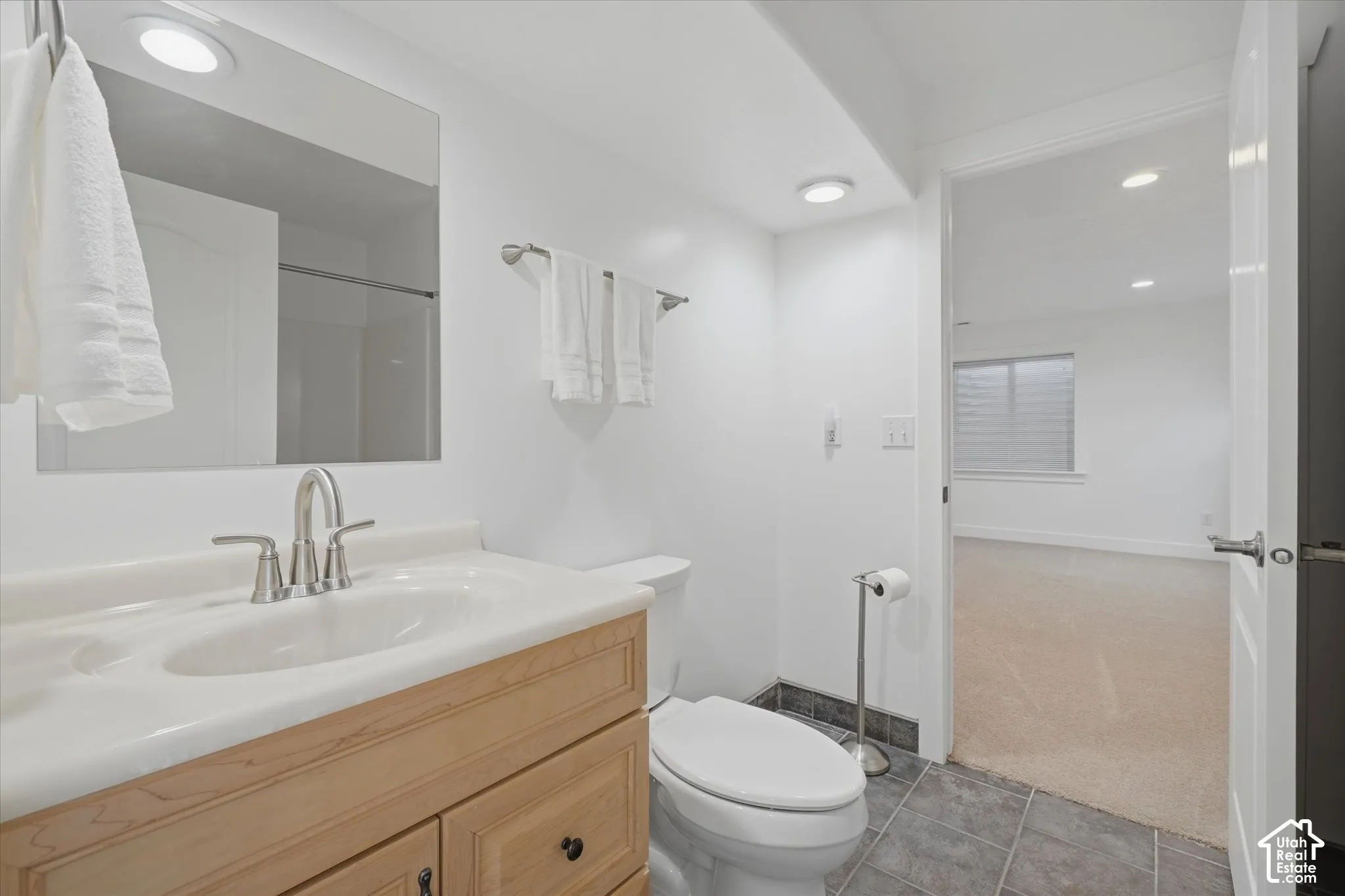 Bathroom featuring a light wood-finish vanity, integrated sink, and brushed nickel fixtures